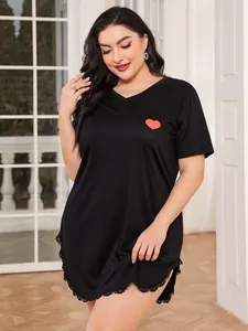 Plus size black nightgown with red heart patch and delicate lace trim detail
