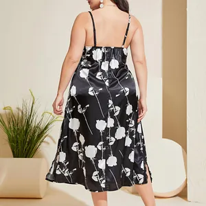Elegant plus size floral print satin slip nightdress with lace trim in home setting