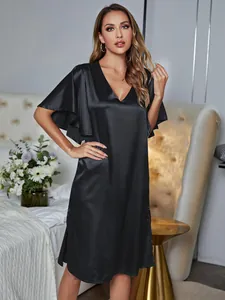 Elegant black satin nightgown with V-neck and ruffle sleeves, luxurious loungewear style
