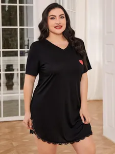 Comfortable black plus size V-neck nightdress featuring red heart print and lace trim