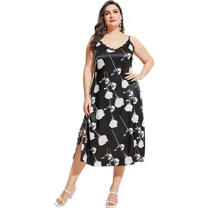Plus size elegant black floral satin slip nightdress with lace trim and side slit