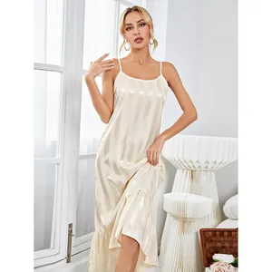 Damen Sexy Satin Spaghetti-Träger Nachthemd Streifenmuster Rüschensaum Unterkleid Sommer Champagner Top And Bottom Schlafanzug