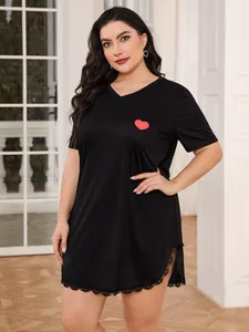 Plus size black short sleeve nightdress with red heart print and lace trim details