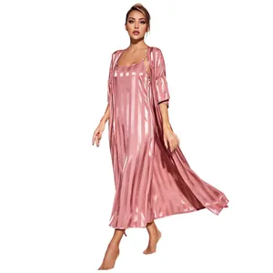 Full-length view of premium pink striped satin nightgown and matching robe set for women.
