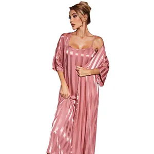 Full length view of elegant pink striped satin nightgown and matching robe set