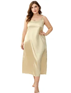 Elegante camicia da notte in raso taglie forti, color champagne, effetto seta.