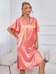 Elegant coral satin nightdress featuring a V-neck and ruffled butterfly sleeves.