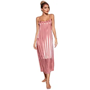 Elegant pink striped satin camisole nightdress with a silky texture and long fit