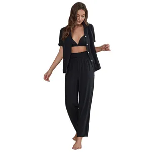 Dreiteiliges schwarzes Pyjama-Set für Damen mit kurzärmeligem Hemd und langer Hose