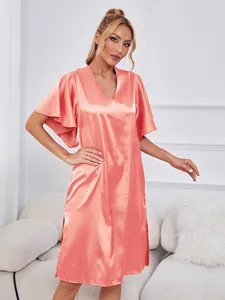 Elegant coral satin nightgown with V-neck and flutter sleeves for summer comfort