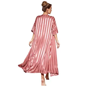 Back view of elegant long pink striped satin silk sleeprobe for women with draped fit