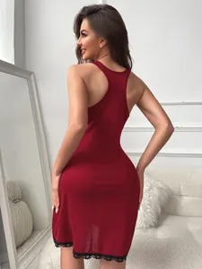 Detailed back view of a sexy burgundy nightdress with delicate black lace trim.
