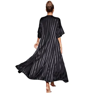 Elegant back view of black striped satin silk robe sleepwear for women loungewear