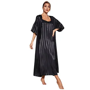 Elegant black striped satin robe and nightgown set for luxurious women's loungewear