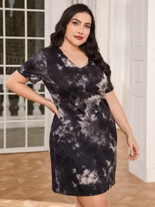 Detailed view of a plus size short sleeve tie-dye nightgown featuring a V-neck design