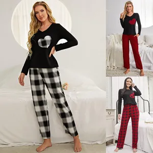 Women Casual Loungewear Set Long Sleeve Heart Pattern Top And Plaid Pants Pajama Set Soft Viscose Polyester Blend Home Wear