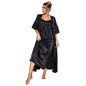 Elegant black striped silk satin nightgown and robe set for women luxury sleepwear