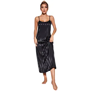 Elegant black striped satin nightgown for women, luxury silk feel slip dress sleepwear