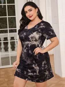 Plus size women's tie-dye short sleeve nightgown summer lounge dress in black and grey