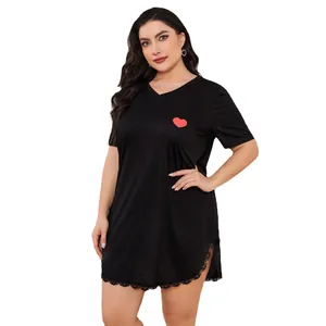 Elegant plus size black short sleeve nightgown featuring heart print and delicate lace trim