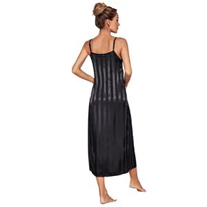 Women's black striped satin nightgown with elegant spaghetti straps for sleepwear.