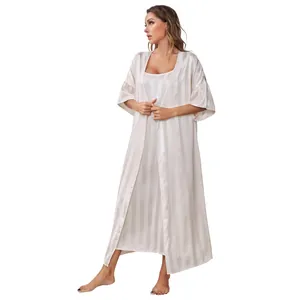 Detail of striped satin robe and slip dress set for women in champagne