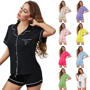 Damen Künstliches Modal Schlafanzug Oberteil Und Unterteil Kurzarm Nachtwäsche Kontrastpaspel Gesteppt Herz Tasche Loungewear