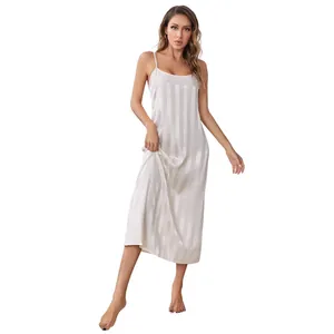 Elegant white satin slip dress nightgown with subtle vertical stripes for women