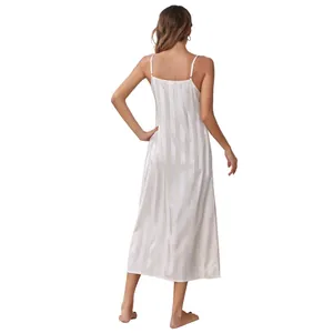 Detailed back view of an elegant white striped silk satin camisole nightgown for women