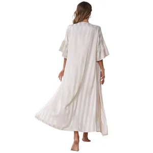 Back view of elegant champagne ice silk striped night robe with ruffle sleeves details