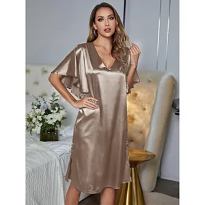Elegant champagne satin nightgown with flutter sleeves and V-neck for women sleepwear