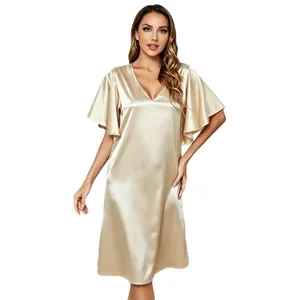Elegant champagne ice silk nightgown with V-neck and ruffled sleeves for summer