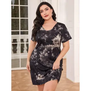 Plus size women's short sleeve tie-dye nightgown in black and white cloudy pattern