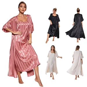 Women Satin Striped Nightgown And Robe Sleepwear Loungewear Vertical Stripes Silk Like Top And Bottom Nightwear For Women