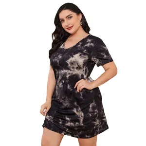 Plus size tie-dye short sleeve nightdress with a comfortable V-neck design