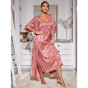 Elegant pink striped satin pajama set with slip nightgown and matching robe for women