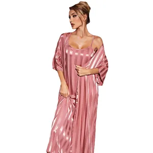 Elegant pink striped satin nightgown and robe two-piece set for women's home wear