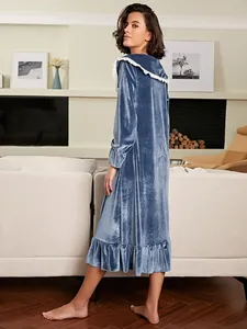 Back view detail of blue French style velvet nightgown with elegant white lace doll collar