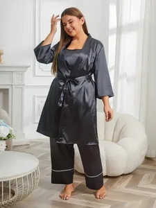 Elegante set pigiama in raso taglie forti 3 pezzi con vestaglia e pantaloni lunghi
