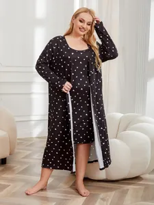 Plus size black sleepwear set featuring a long robe and nightdress with white heart print
