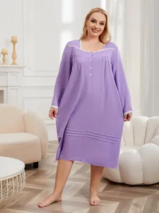 Elegant long sleeve purple plus size nightgown with delicate white lace trim detail