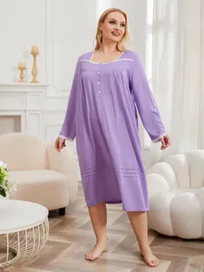 Elegant plus size purple long-sleeve nightgown with lace trim and buttons detail.