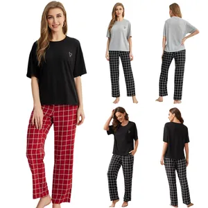 Damen Casual Homewear-Set Kurzarm Herz Stickerei Top Und Karo Lange Hose Heimkleidung Nachtwäsche Top And Bottom