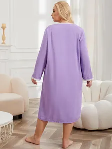 Back view of a plus-size long-sleeved purple nightgown with elegant lace trim details