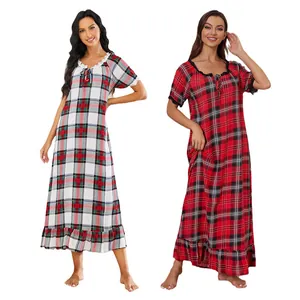Chemise de Nuit Décontractée pour Femmes à Carreaux Manches Courtes Robe de Nuit Longue avec Dentelle Volants Viscose