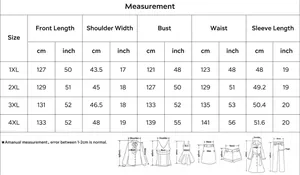 Detailed plus size sleepwear size chart showing measurements in cm and inch for 1XL-4XL.