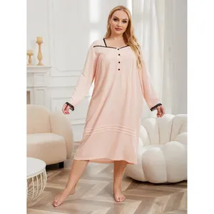 Women Plus Size Long Nightdress Lace Trim Long Sleeve Viscose Sleepwear Simple Casual Loungewear Square Neck Nightgown