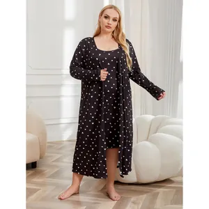 Plus size black satin pajama set with heart print featuring robe and nightgown
