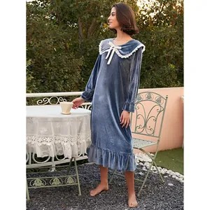French style velvet long nightgown with lace doll collar for winter loungewear