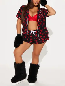 Festive Christmas gift print short pajamas set for women with black furry boots and gloves